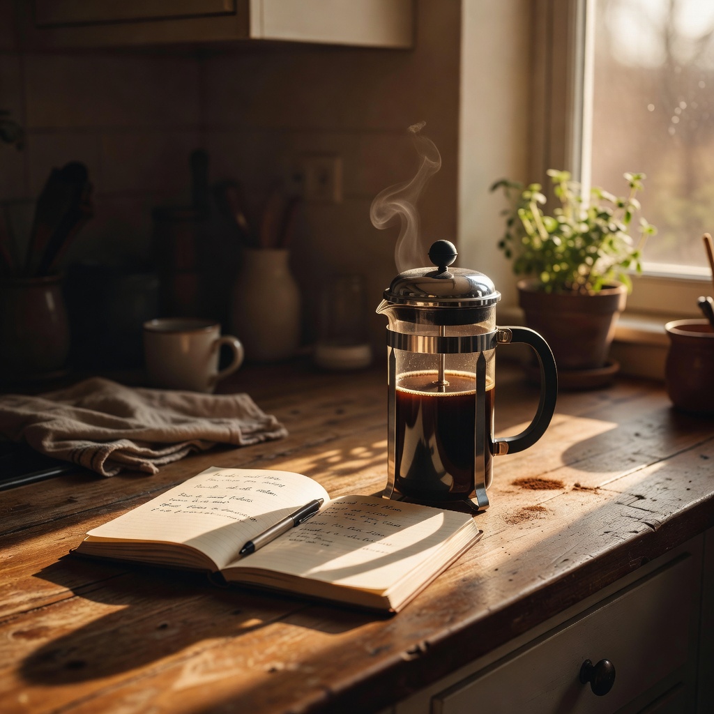 Coffee and notebook in morning light